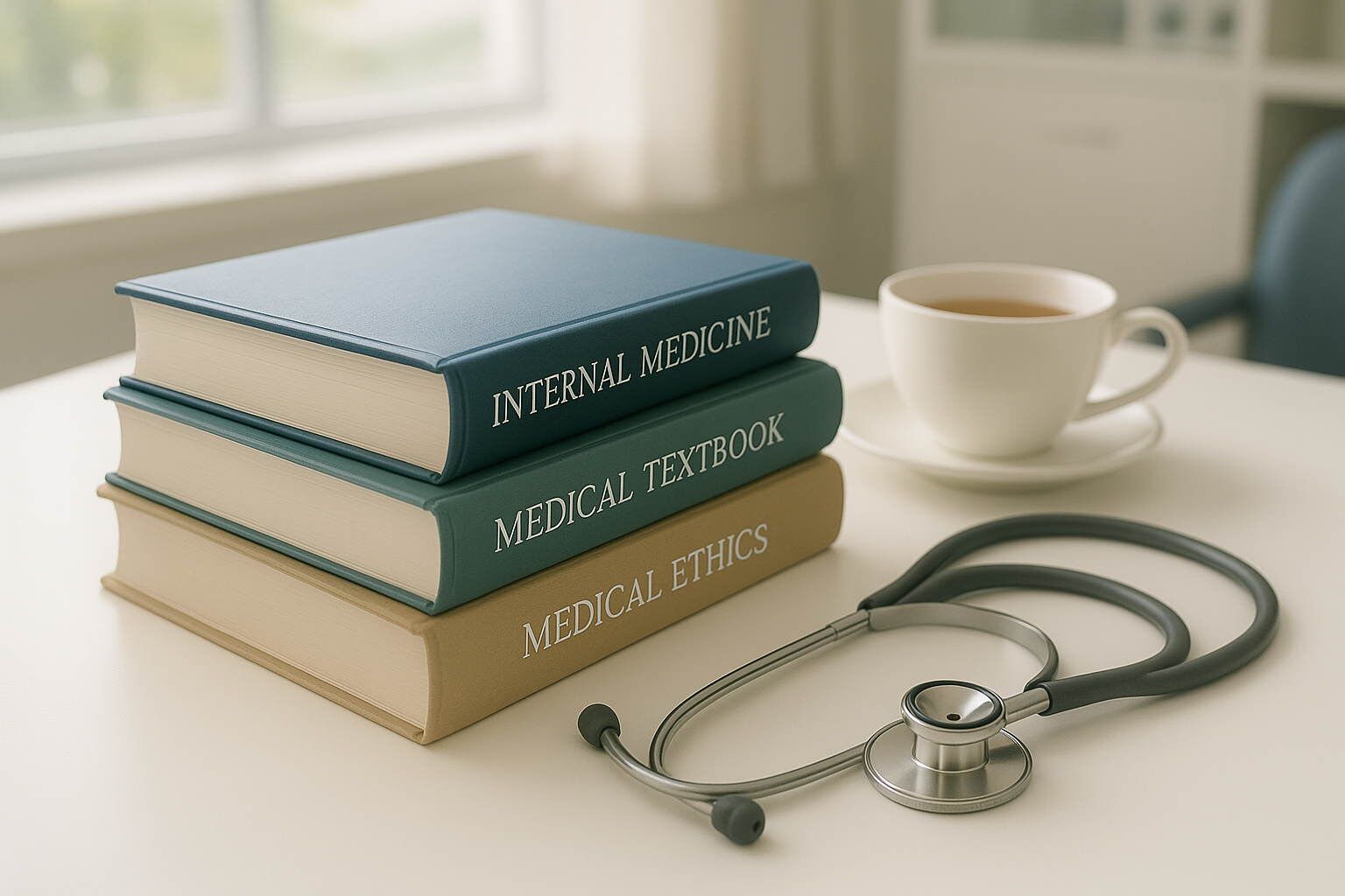 Trois livres posés sur un bureau médical avec stéthoscope illustrant les livres fibromyalgie guérison