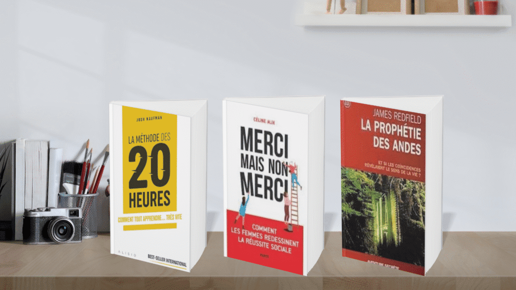 Couvertures des livres La Prophétie des Andes, Merci mais non merci, et La méthode des 20 heures – trois ouvrages qui ont changé la vie d’une entrepreneure en quête d’alignement et de clarté.